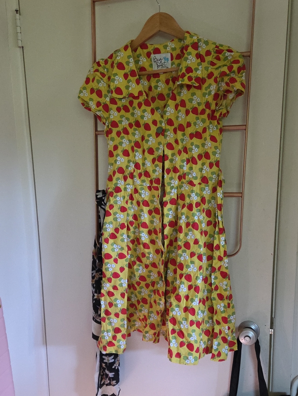 Modcloth Bea & Dot Yellow Strawberry Print Retro Button-Front Dress